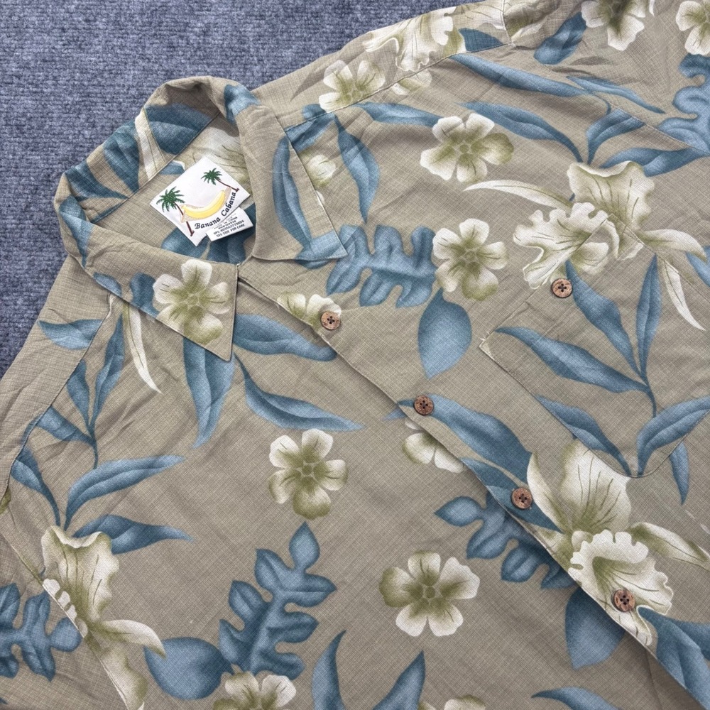 Banana Cabana Button Up Shirt XXL Tan Floral 100% Silk Short Sleeve Men's‎